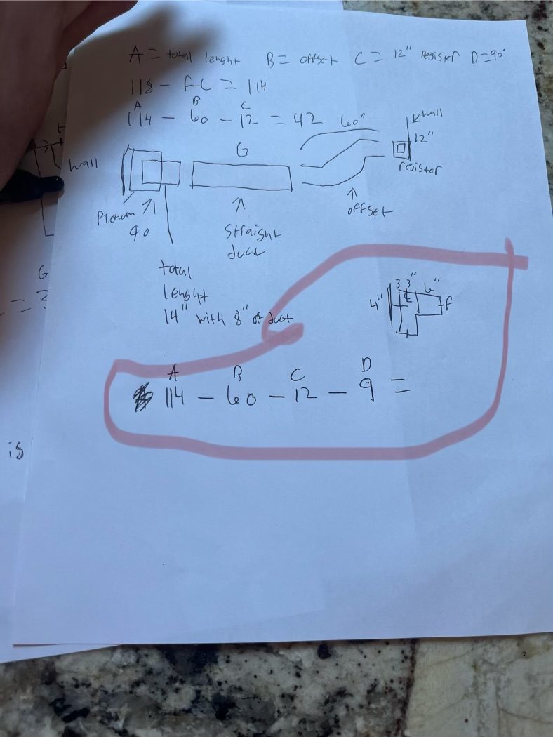 Hand-figured duct takeoff on a sheet of paper — total length minus offset minus register